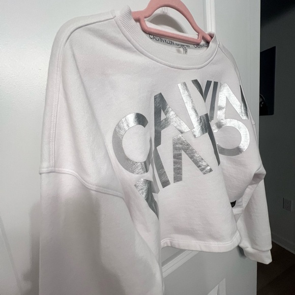 Calvin Klein Women's Silver Logo White Sweatshirt - Picture 3 of 7